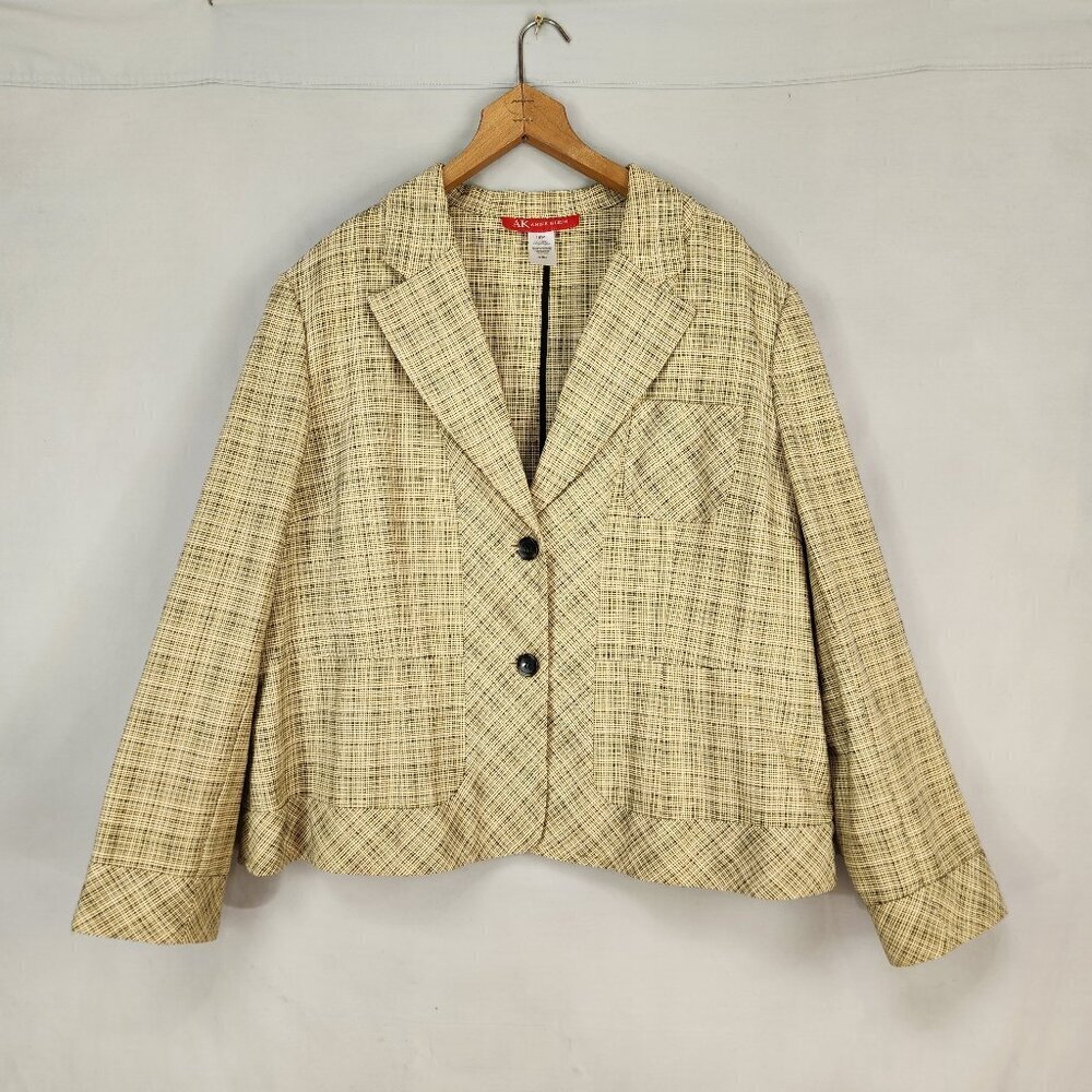 Vintage Ann Klein Tweed Blazer Women's 18W Tan Brown Short Two Button Old Money